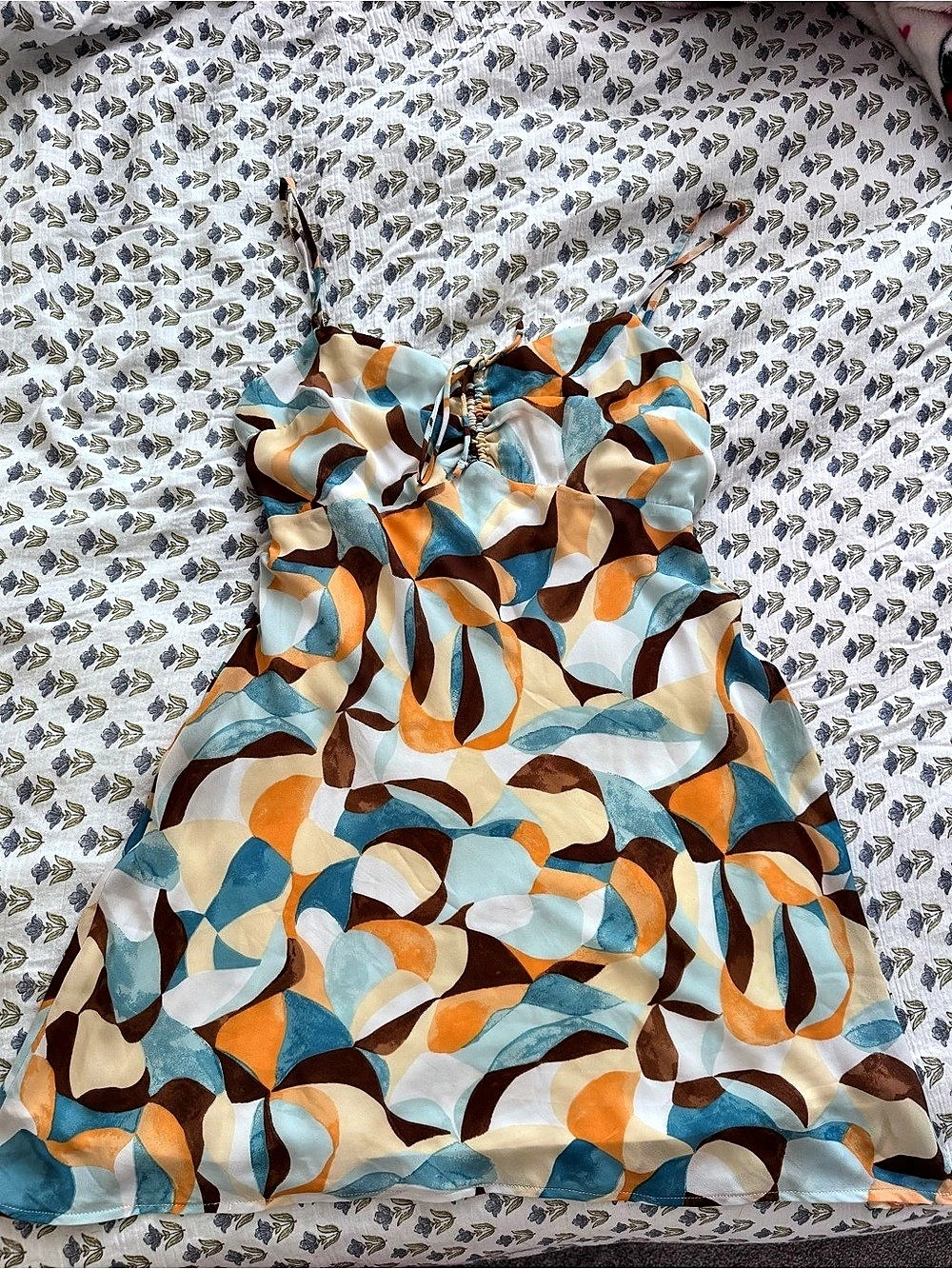 Abercrombie & Fitch Tie-Front Slip Mini Dress Blue Brown Orange Medium